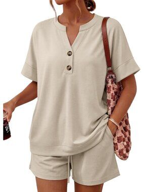Women's Apricot 2 Piece Lounge Sets Oversized Henley Top & Shorts Soft Rayon
